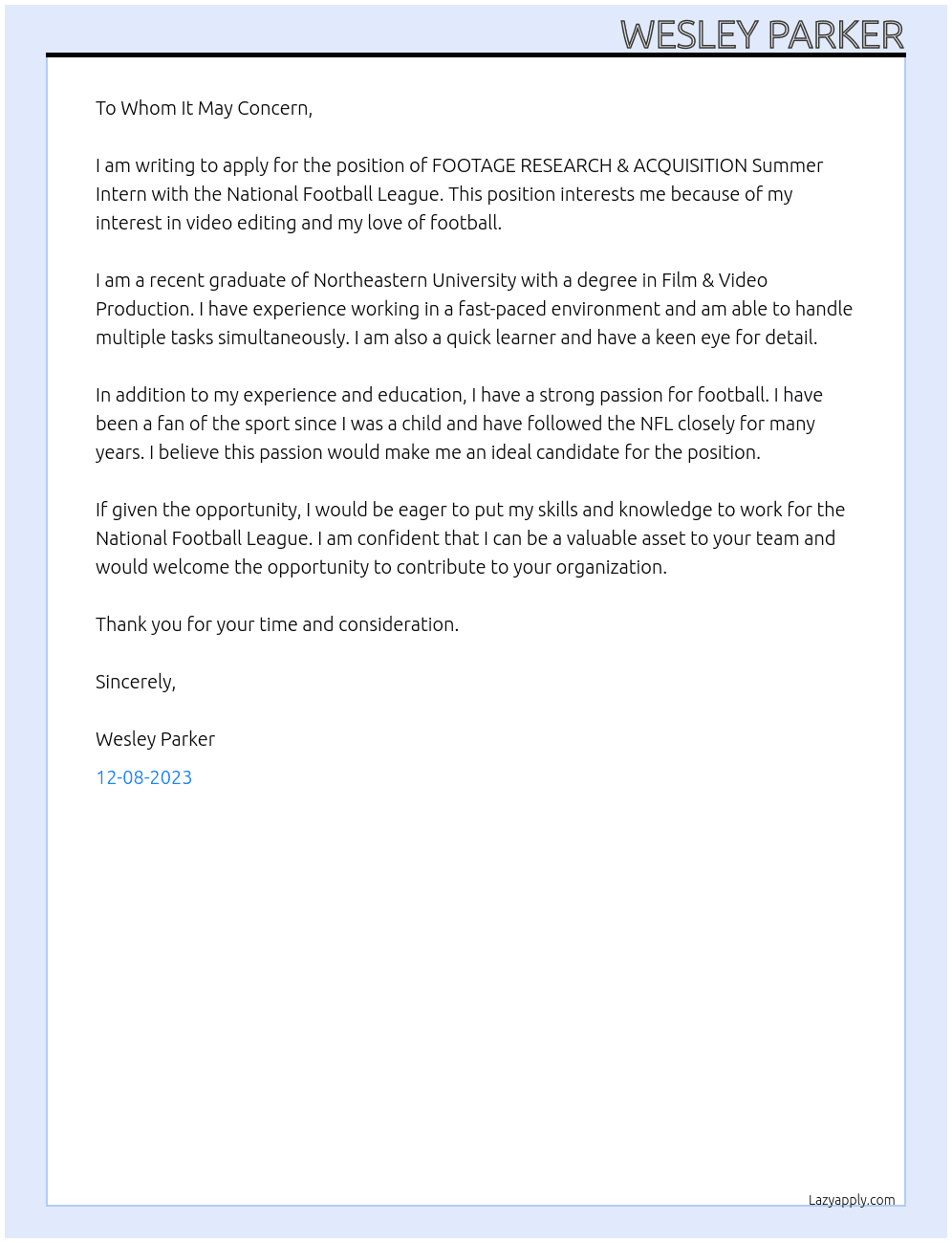 FOOTAGE RESEARCH & ACQUISITION Summer Intern At National Football League  Cover Letter