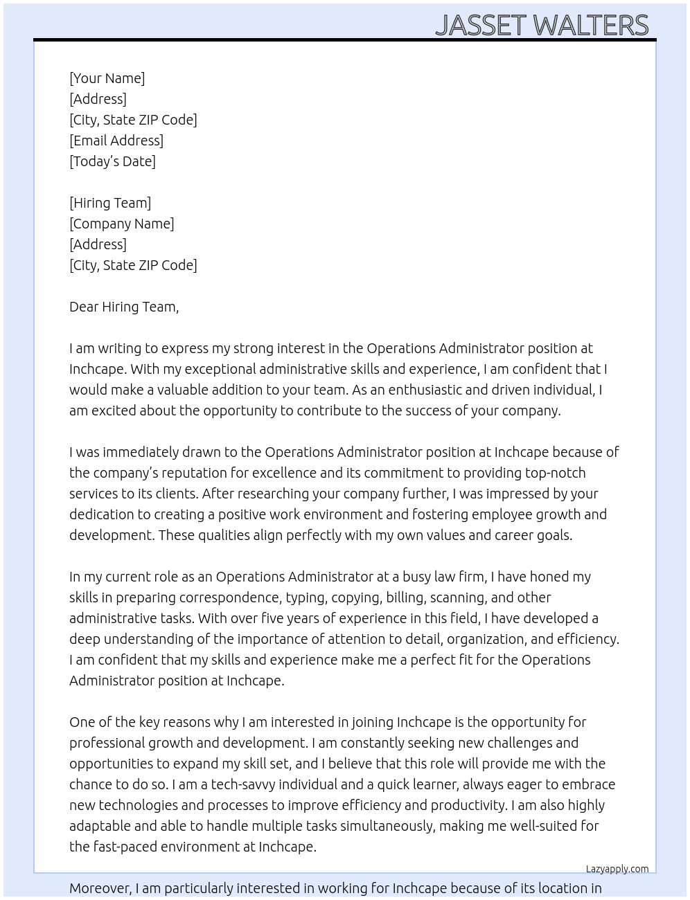 Operations administrator  At Inchcape  Cover Letter
