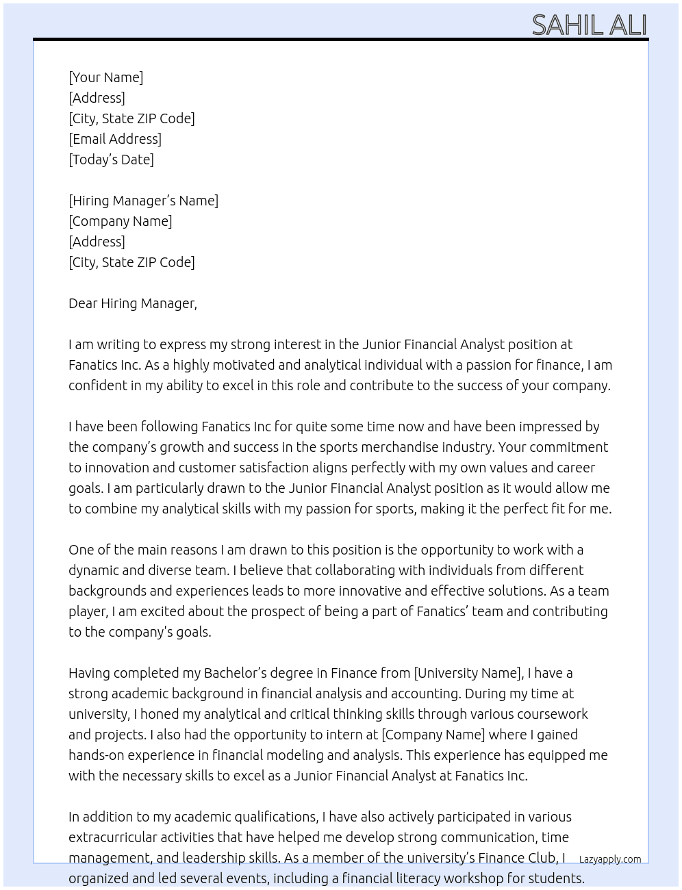 Junior Financial Analyst At Fanatics Inc Cover Letter