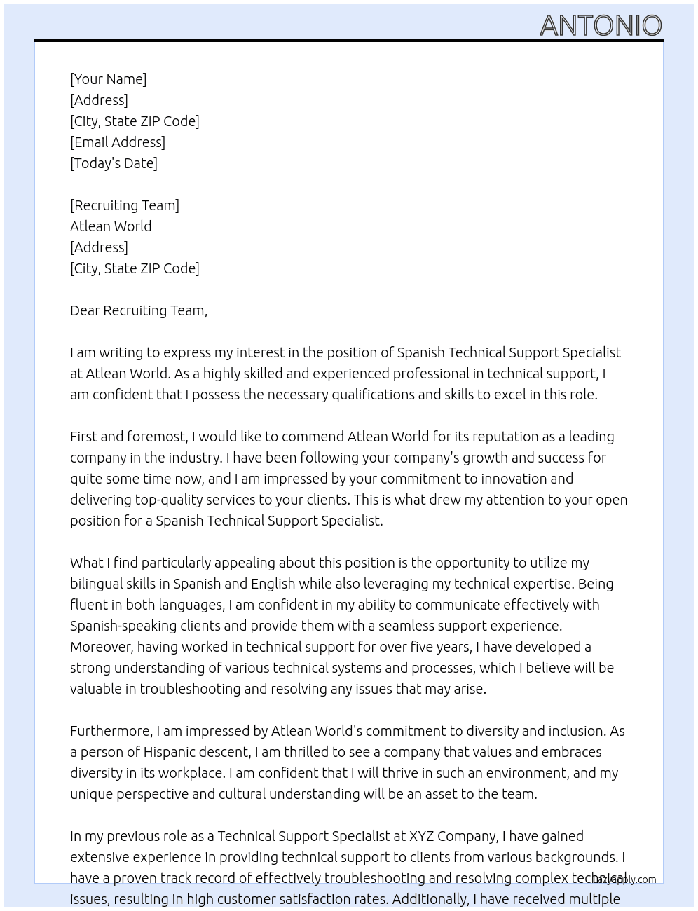 Spanish Technical Support Specialist At Atlean World Cover Letter