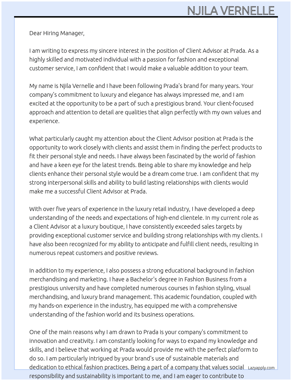 Client advisor At Prada Cover Letter