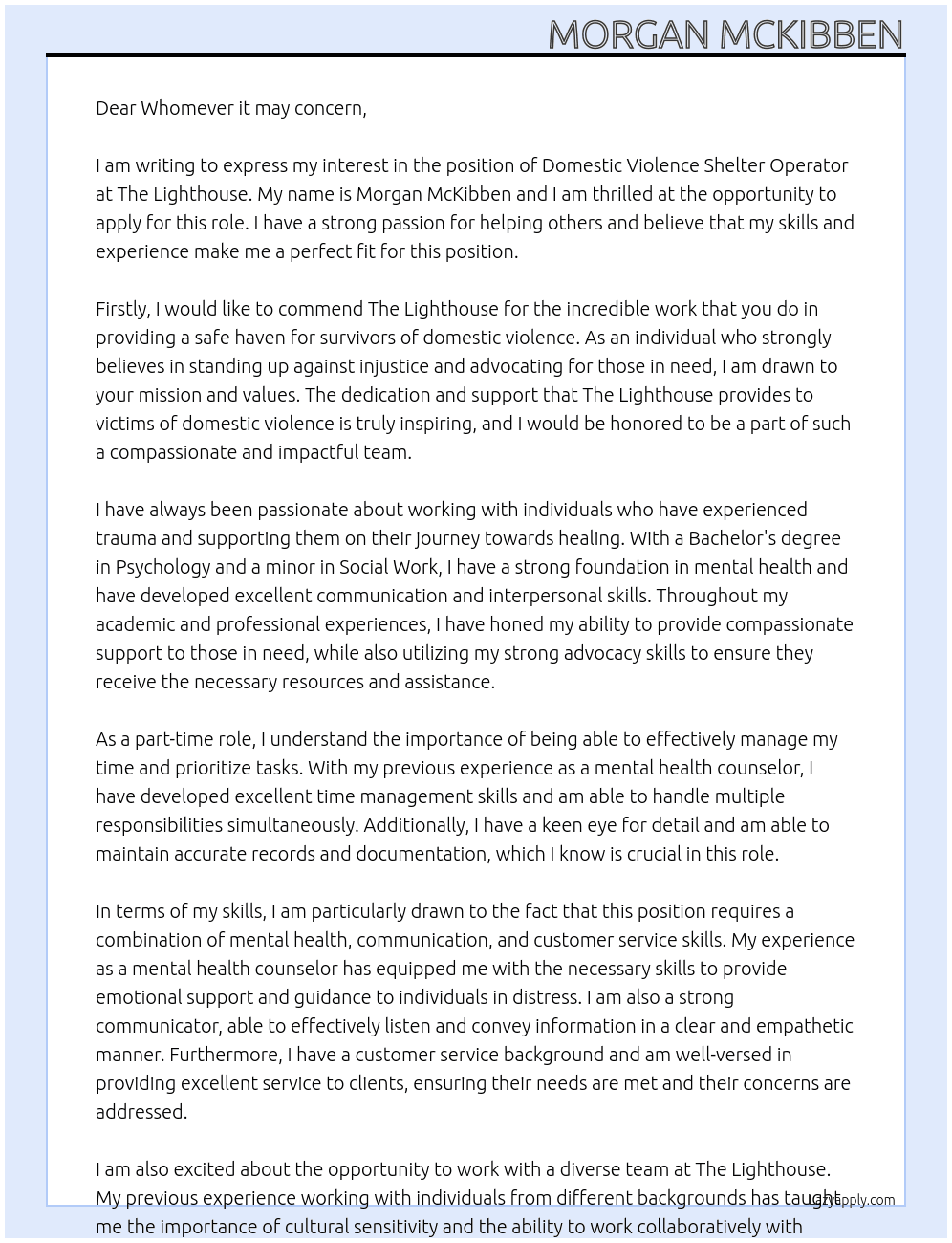 Domestic Violence Shelter Operator  At The Lighthouse Cover Letter