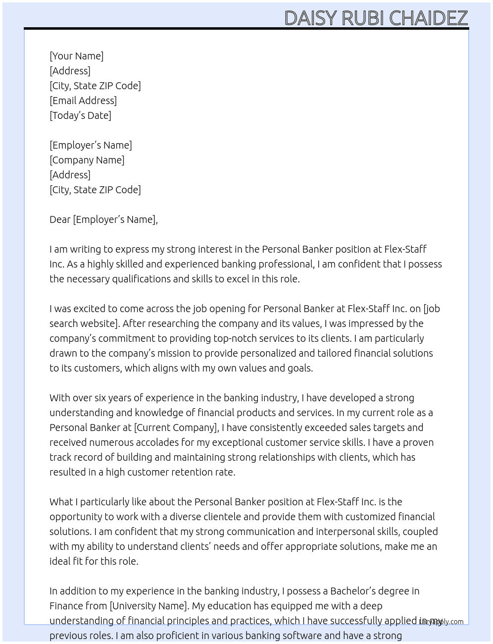 Personal Banker At Flex- Staff Cover Letter