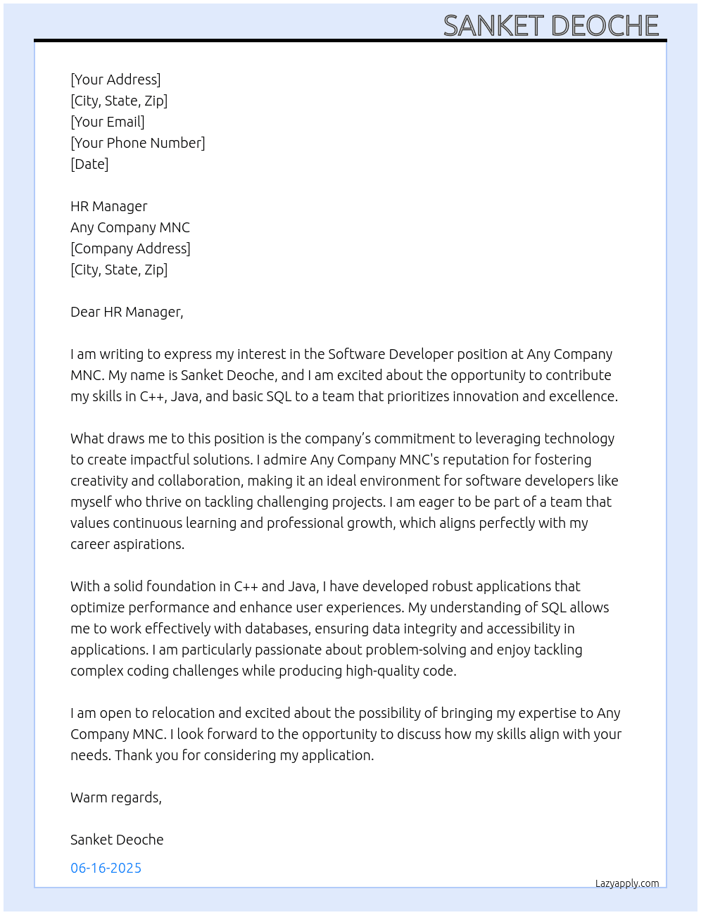 Software developer  At Any company mnc Cover Letter