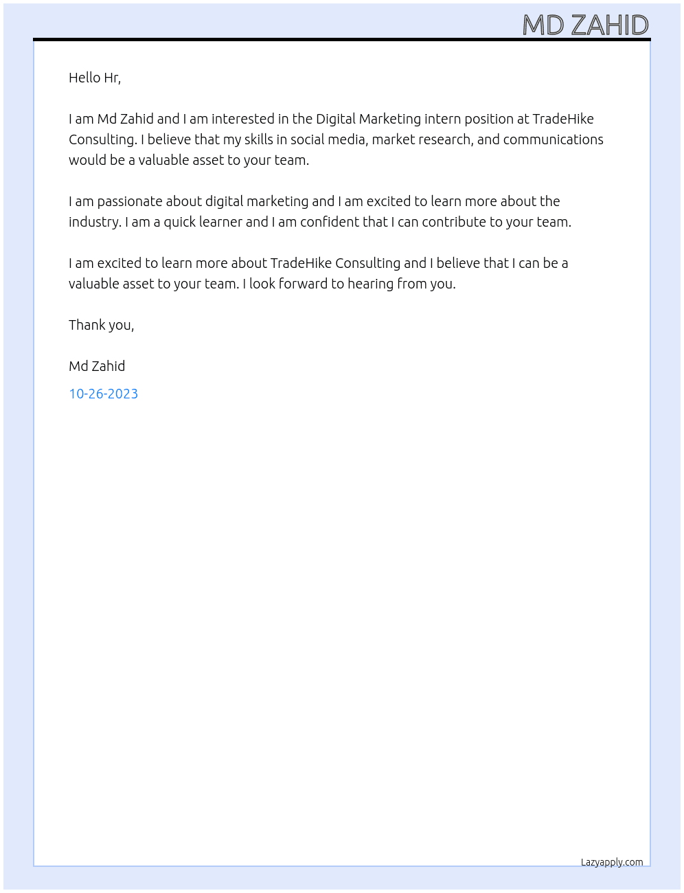 Digital marketing  At TradeHike Consulting Cover Letter