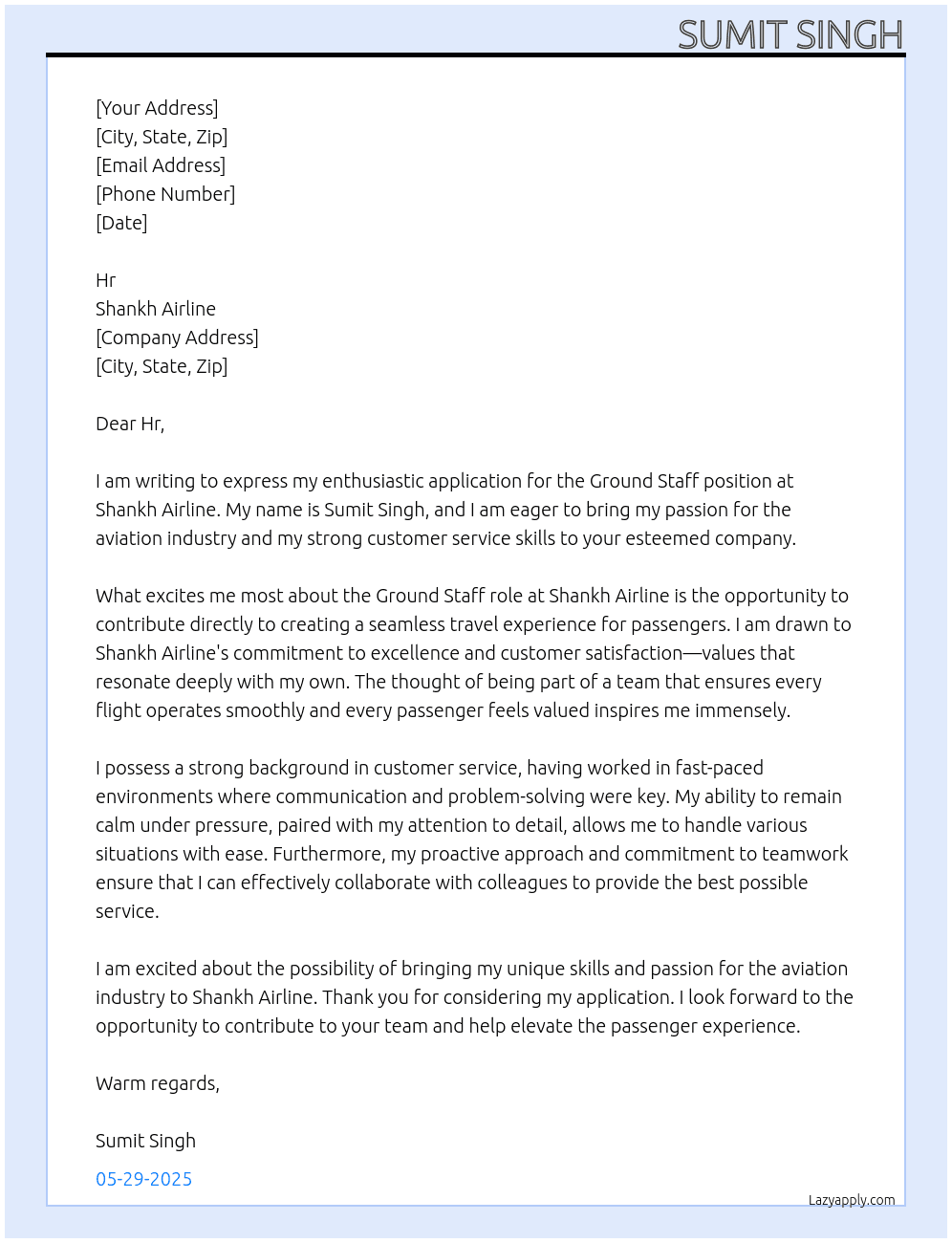 Ground staff  At Shankh Airline Cover Letter
