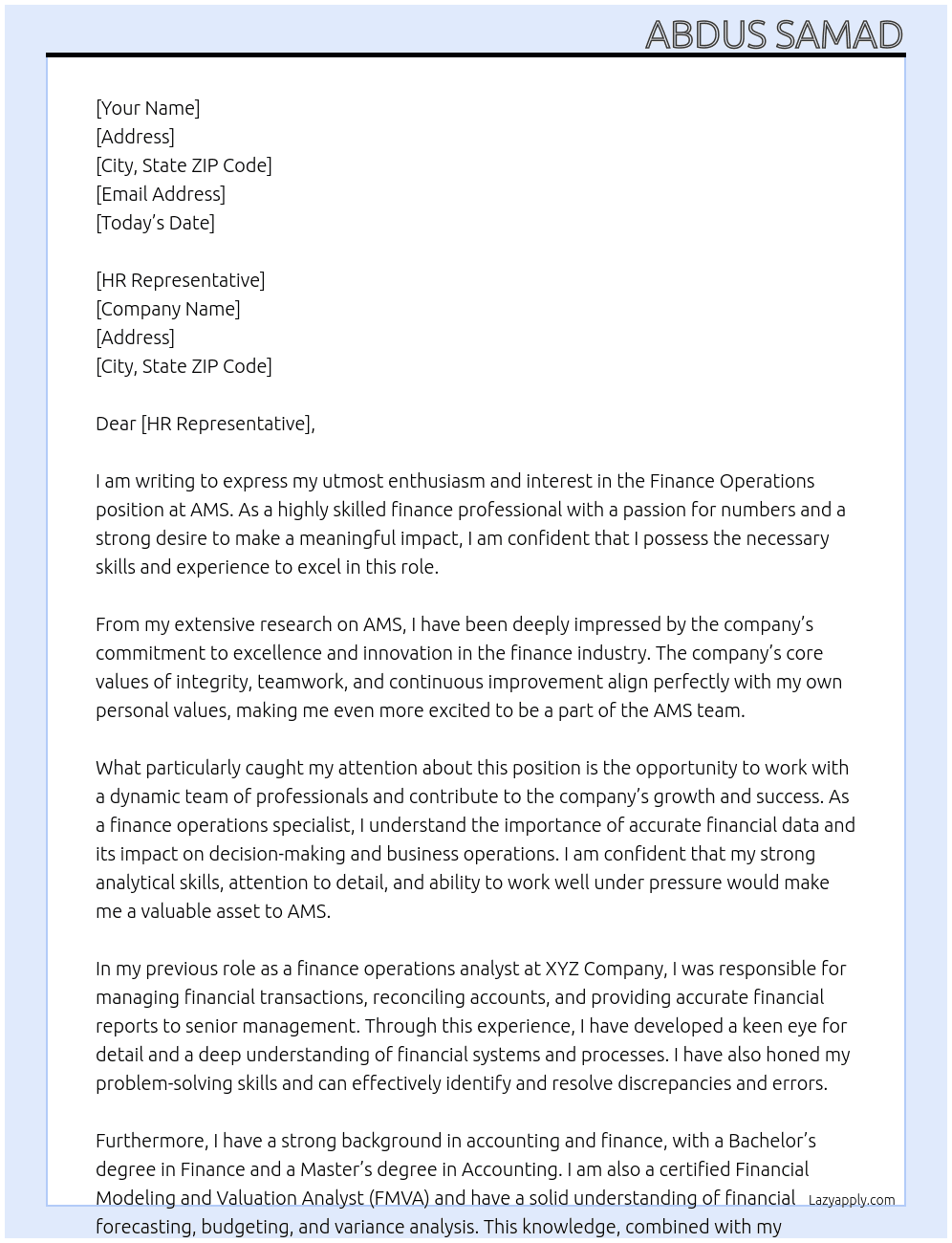 Finance Operations At AMS Cover Letter