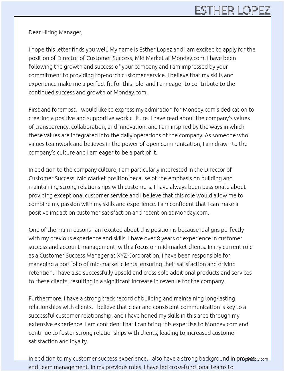 Director of Customer Success, Mid Market At Monday.com Cover Letter