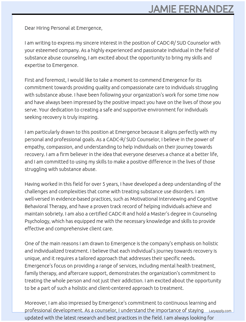 CADC-R/ SUD Counselor  At Emergence Cover Letter