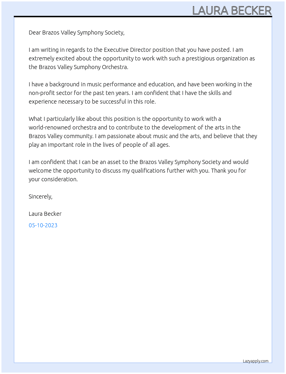 Executive Director At Brazos Valley Sumphony Orchestra Cover Letter