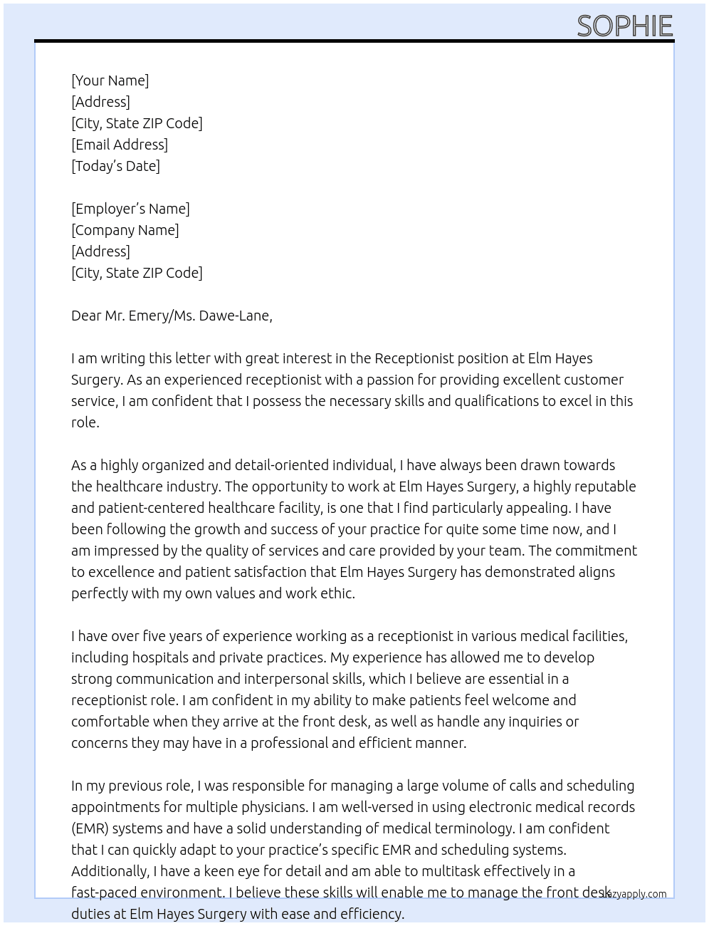 Receptionist  At Elm Hayes Surgery  Cover Letter