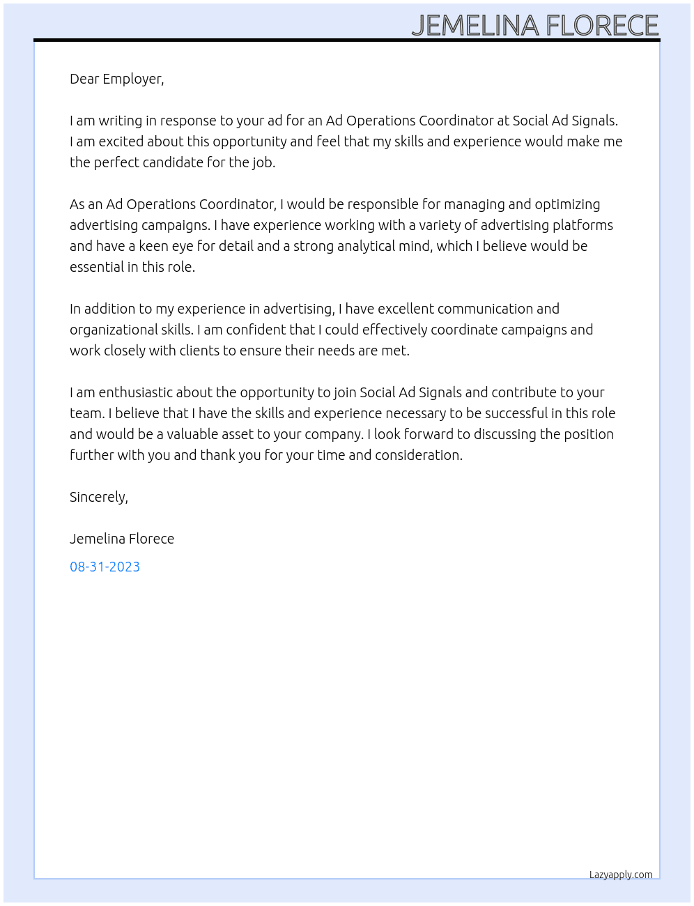 Ad Operations Coordinator At Social Ad Signals Cover Letter