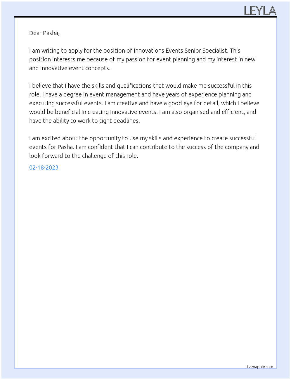 Innovations Events Senior Specialist At pasha Cover Letter