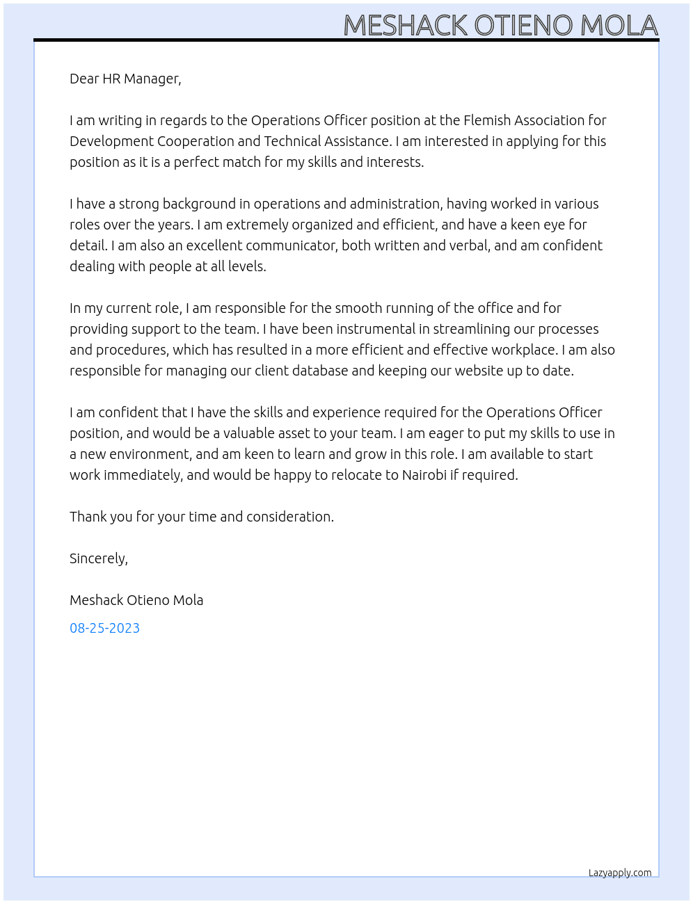 Cover letter for operations officers - LazyApply