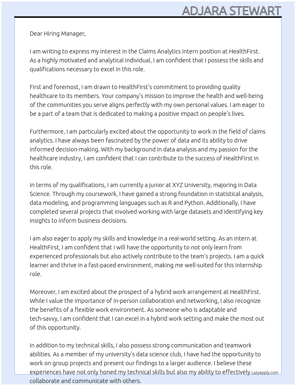 Claims Analytics Intern At HealthFirst Cover Letter