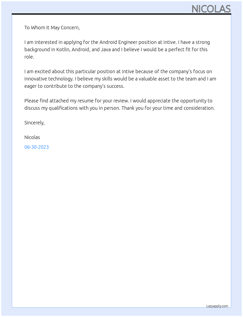 Android Engineer At intive Cover Letter