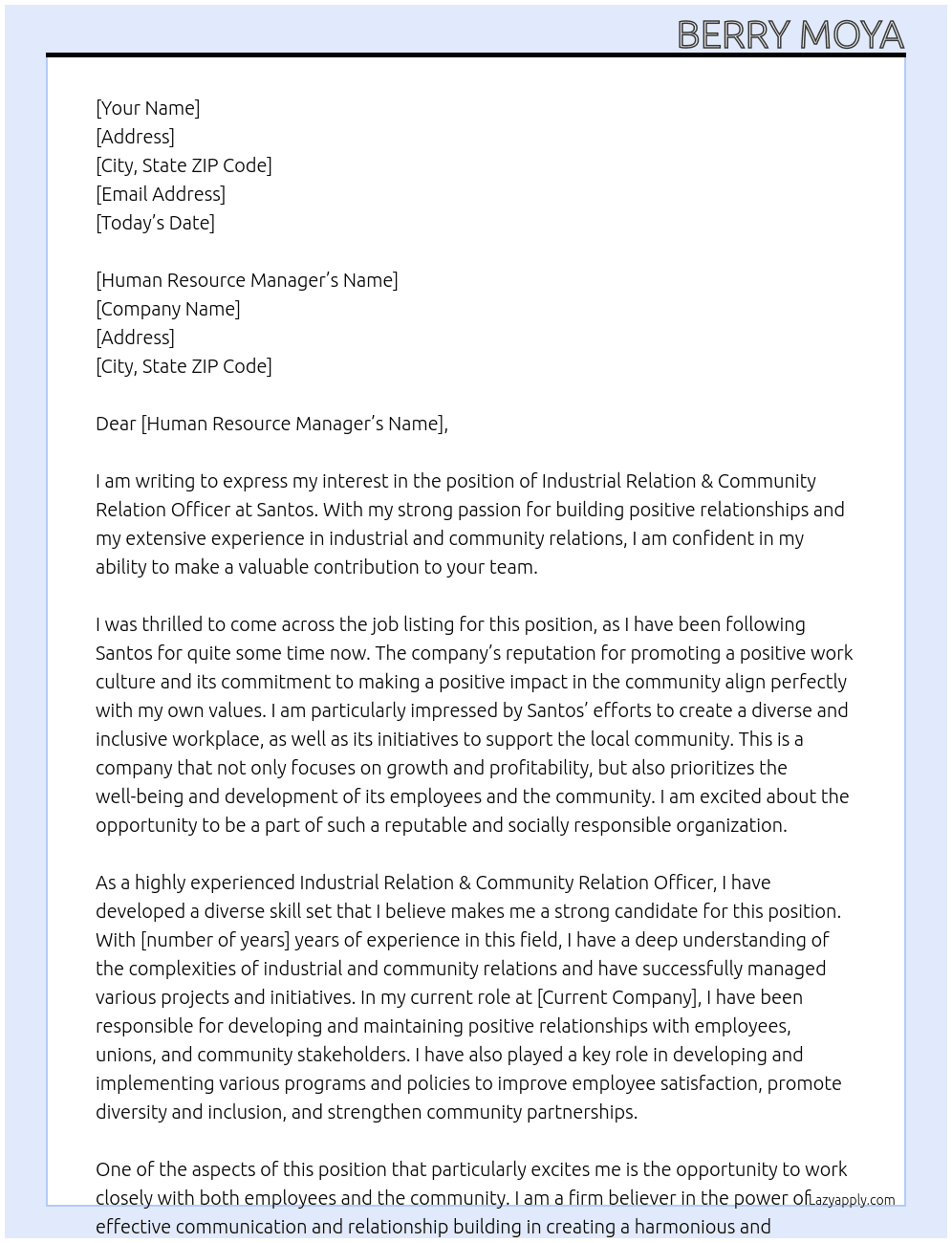 Indusrtial Relation & Cummunity Relation Officer At Santos Cover Letter
