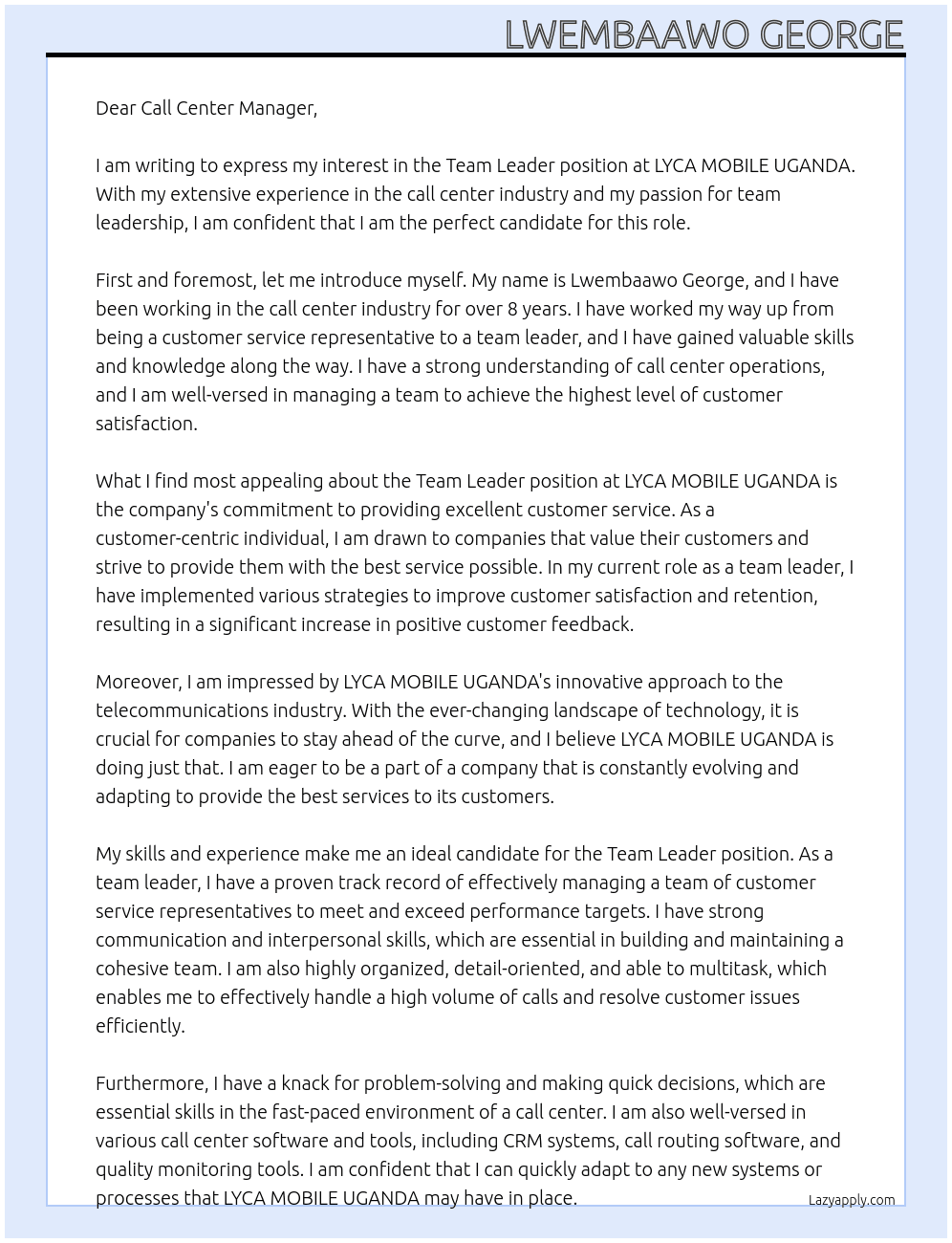 TEAM LEADER At LYCA MOBILE UGANDA Cover Letter
