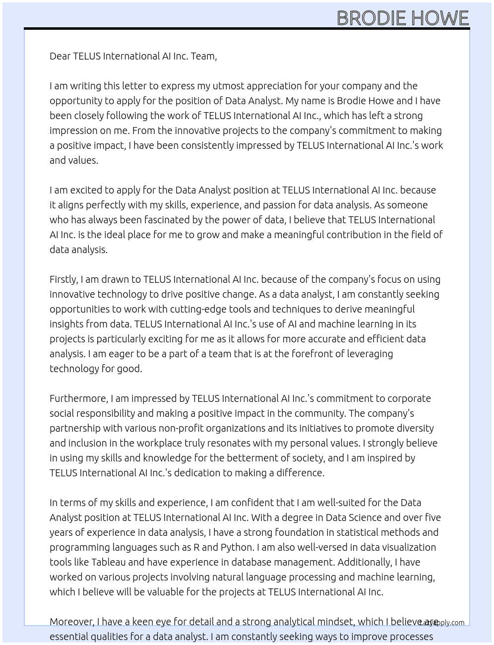Data Analyst At TELUS International AI Inc. Cover Letter