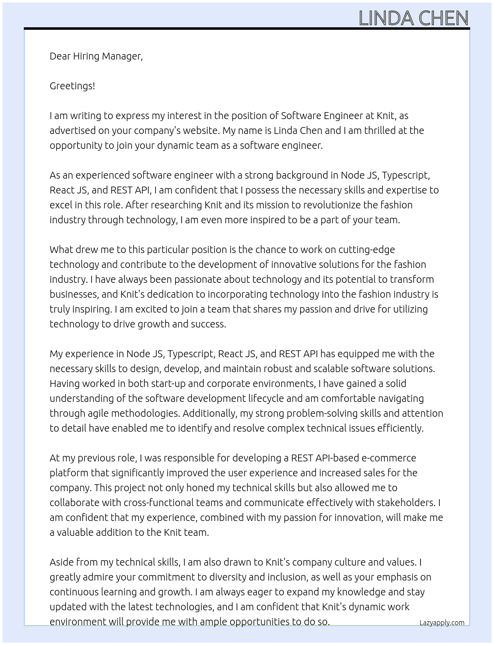 Software Engineer At Knit Cover Letter