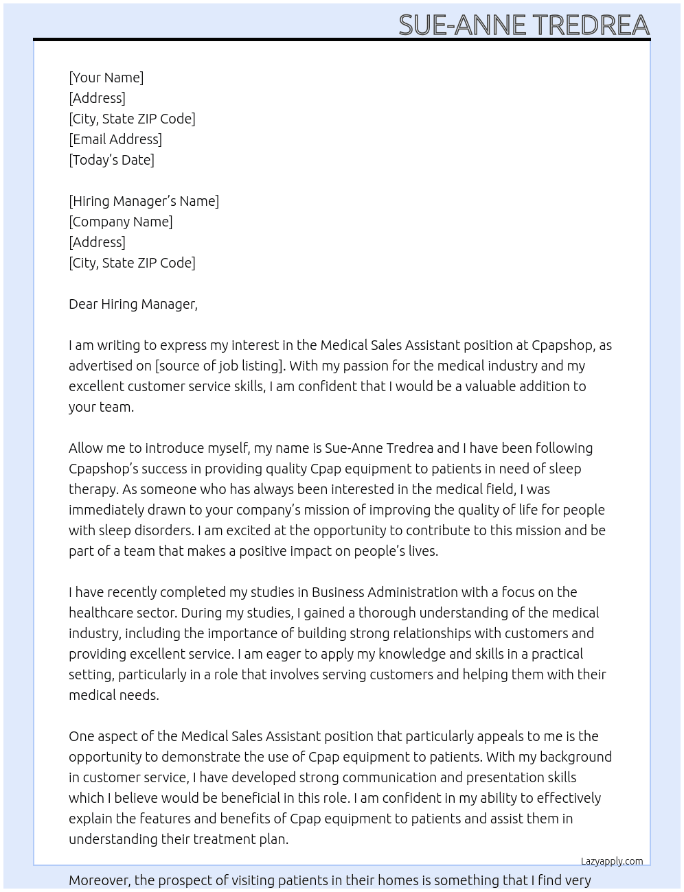 Medical Sales Assistant At Cpapshop Cover Letter