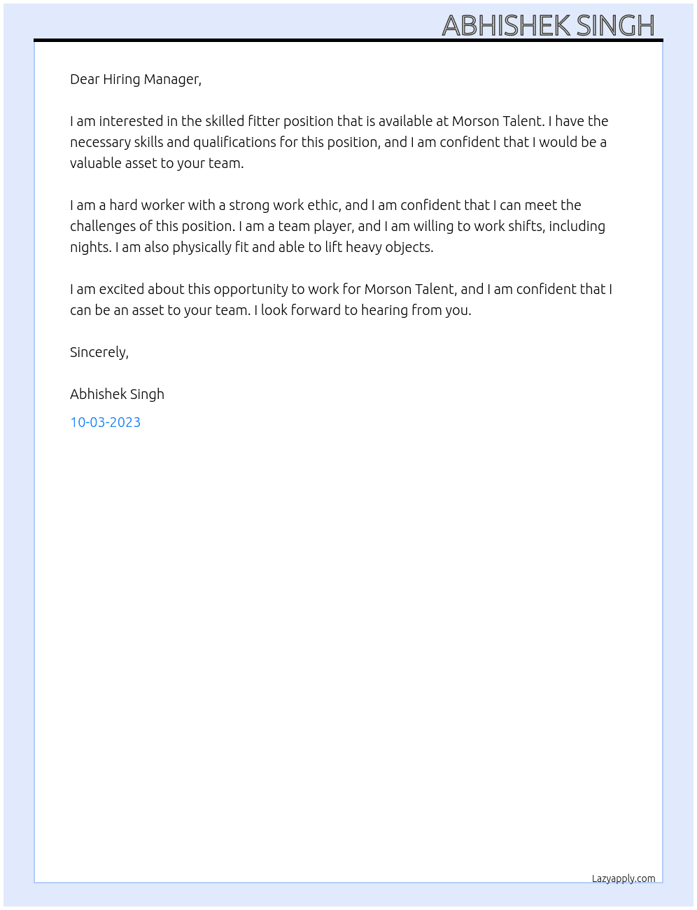 Skilled fitter (Night Shift) At Morson Talent  Cover Letter