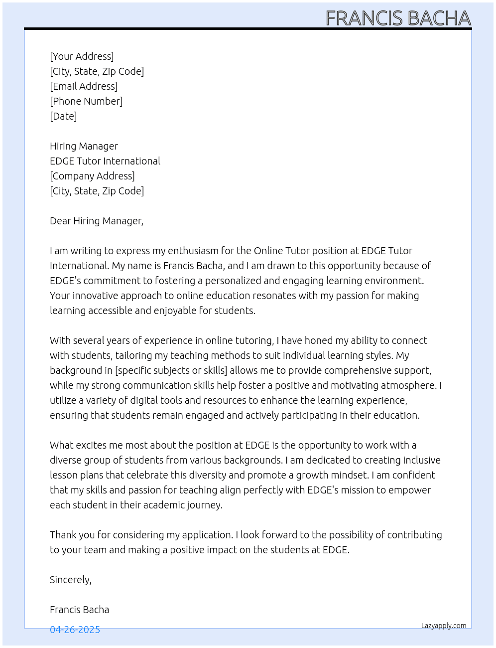Cover letter for online tutor - LazyApply