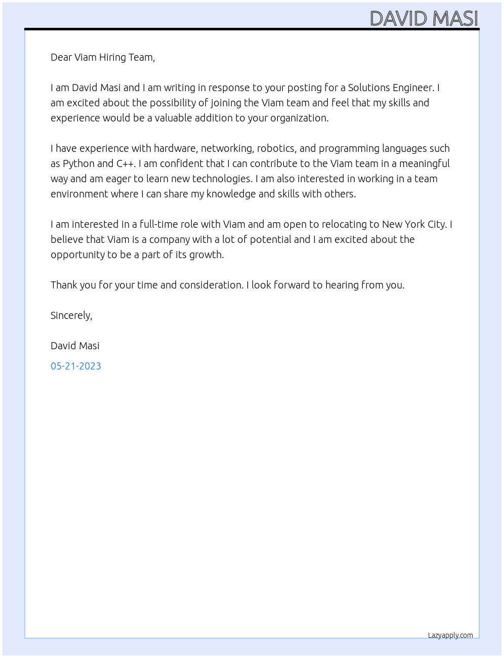 Solutions Engineer At Viam Cover Letter