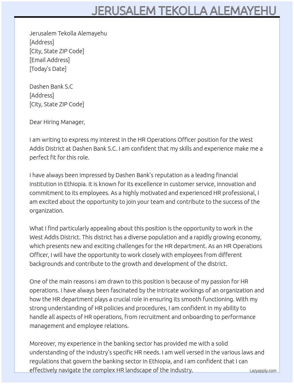 HR Operations Officer for West Addis District At Dashen Bank S.C Cover Letter