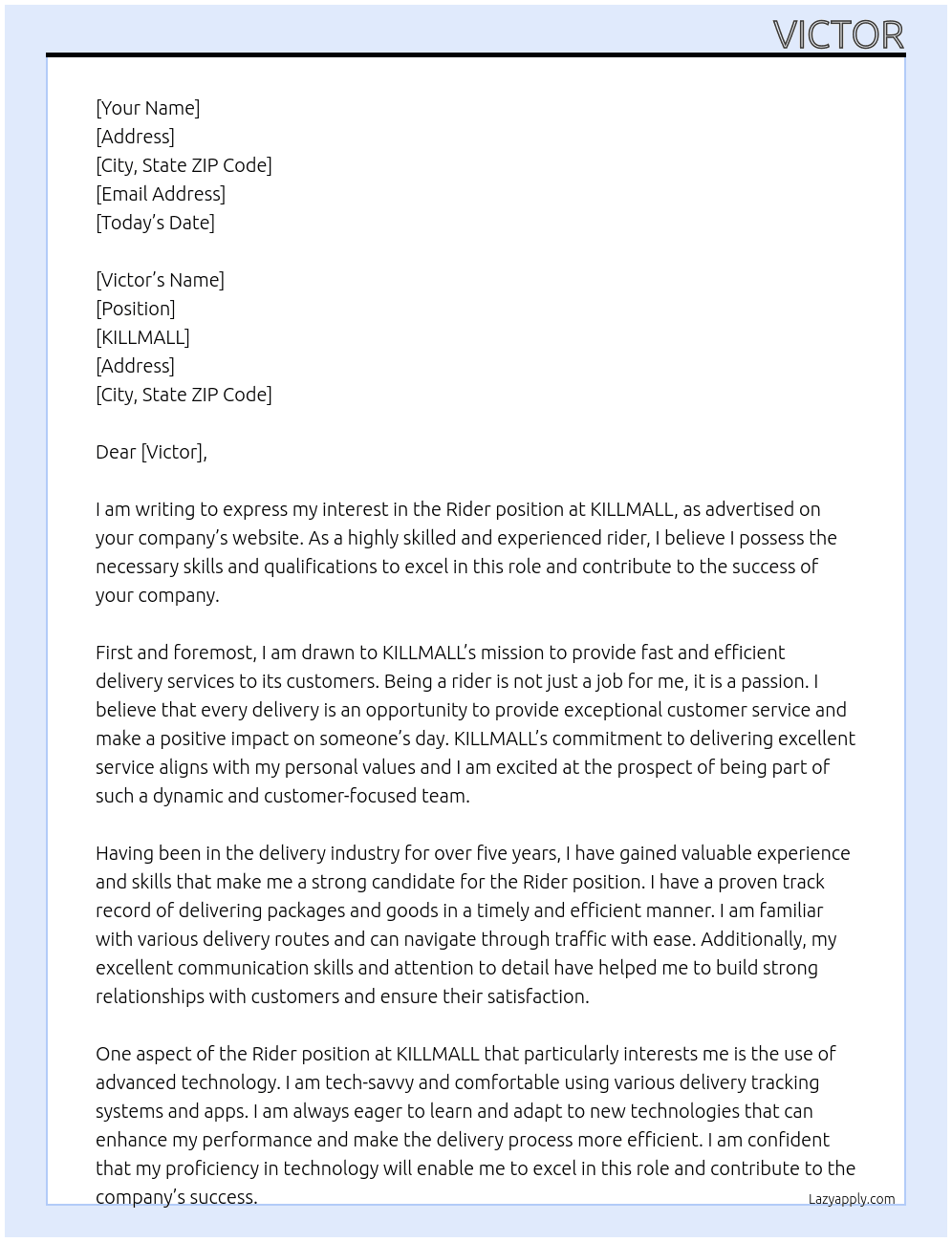 RIDER At KILLMALL Cover Letter