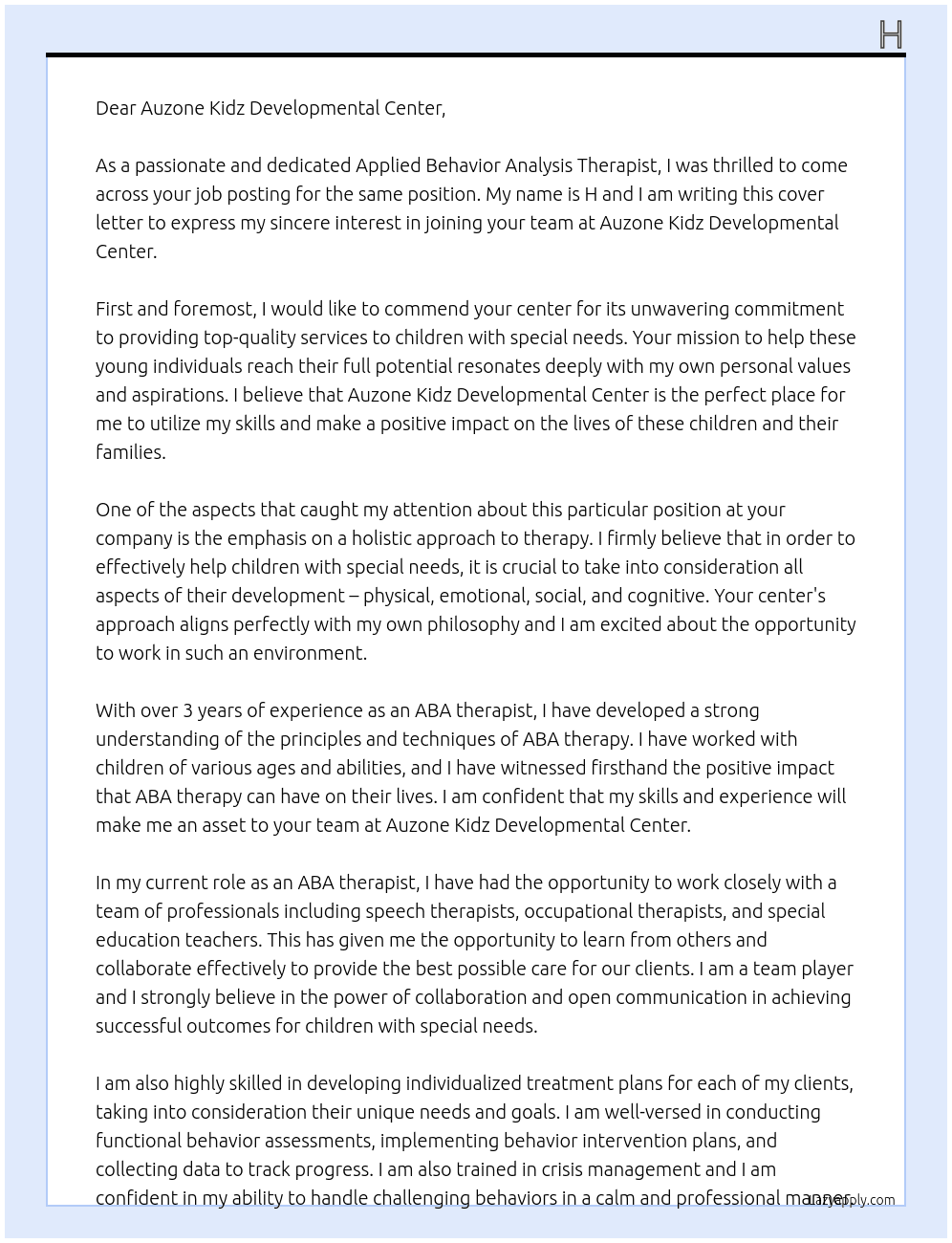 Applied Behavior Analysis Therapist At Auzone Kidz Developmental Center Cover Letter