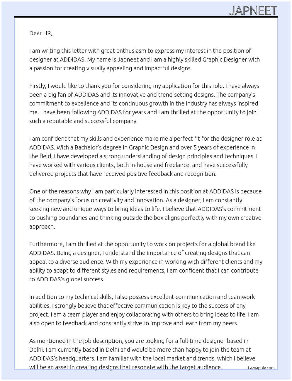 designer At ADDIDAS Cover Letter