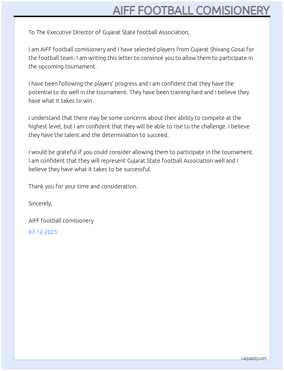 Football team At Selected players from Gujarat Shivang Gosai  Cover Letter