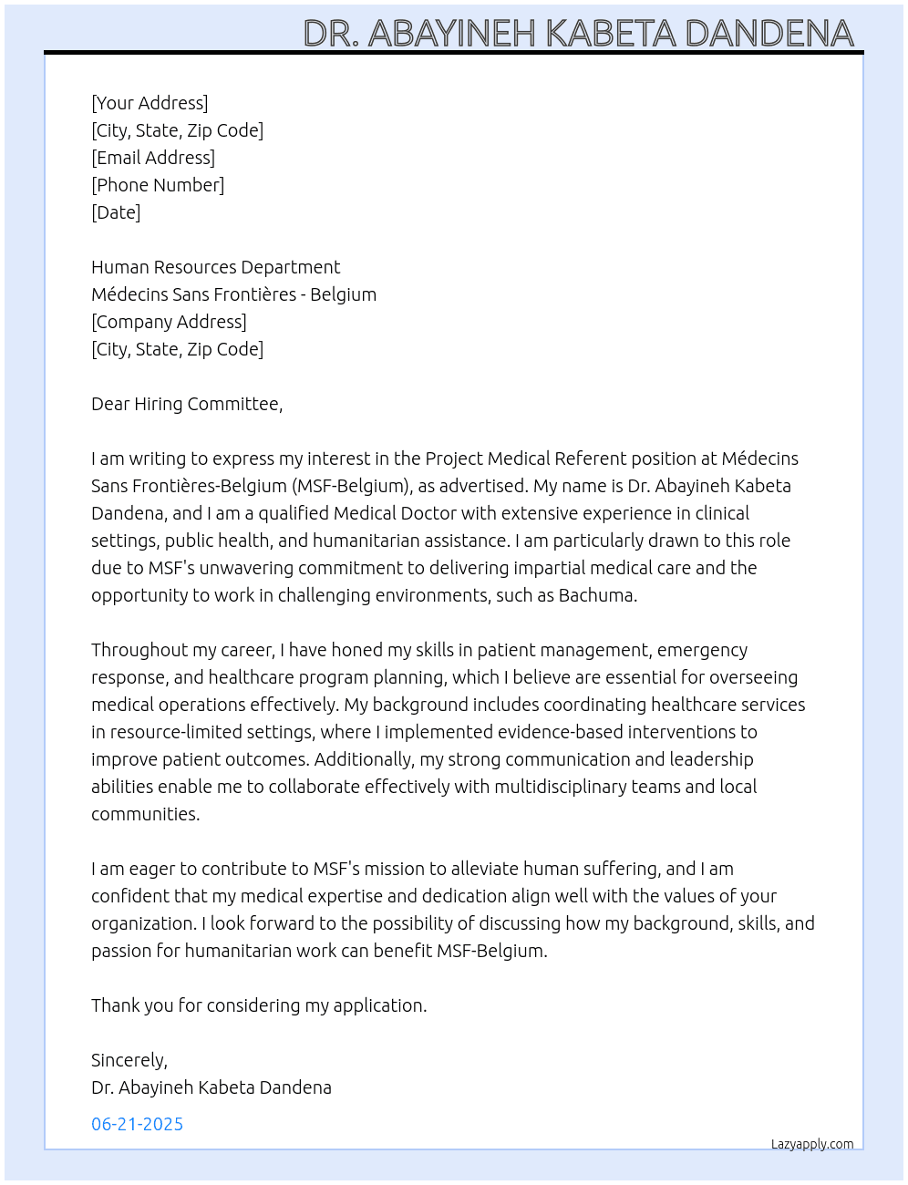 Cover letter for project medical referent - LazyApply
