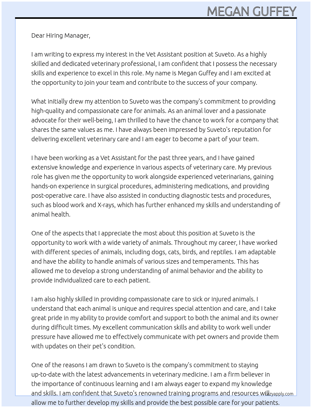vet assistant At Suveto Cover Letter