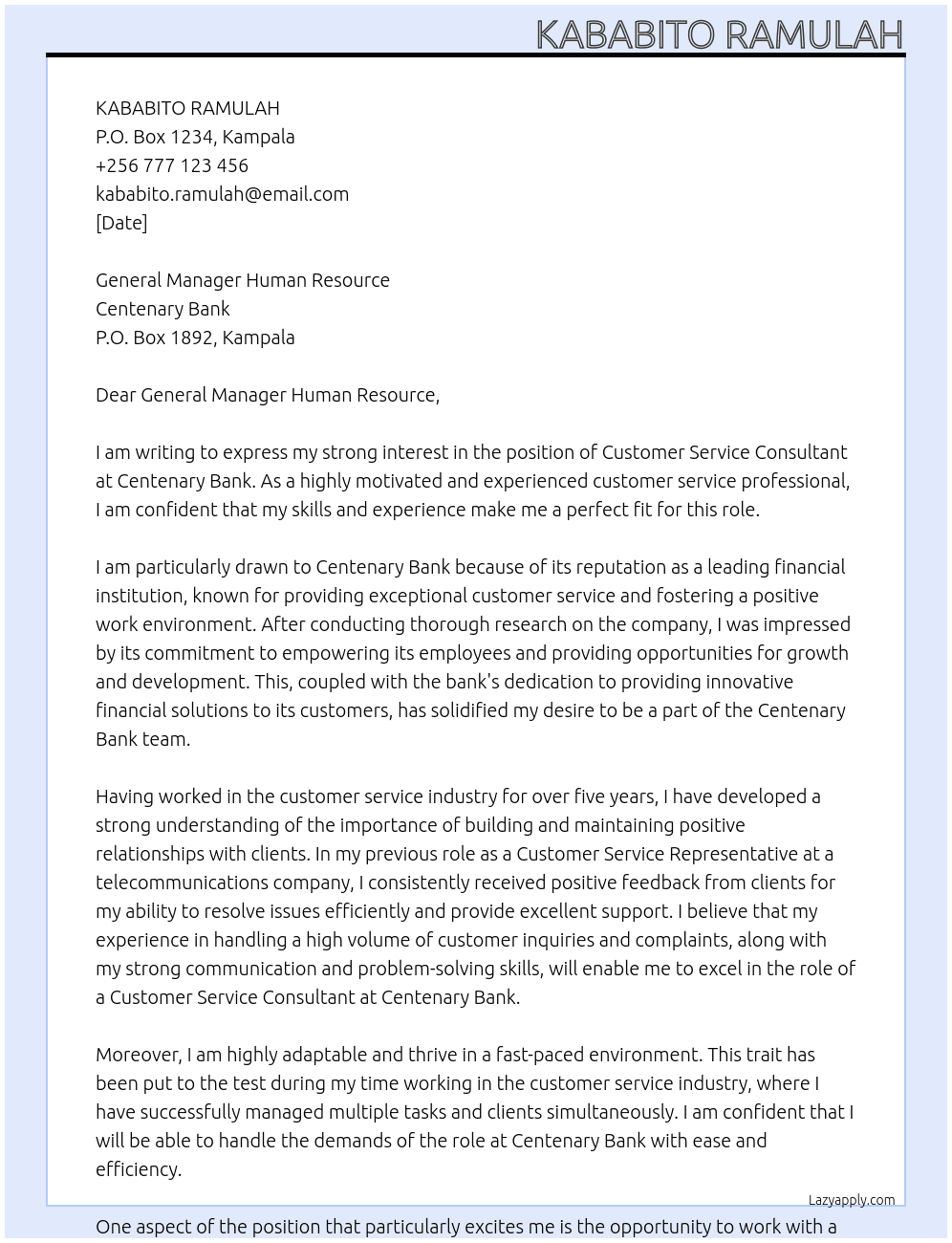 Customer Service Consultant At CENTENARY BANK Cover Letter