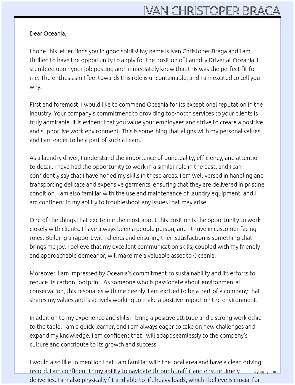 Laundry Driver At Oceania Cover Letter