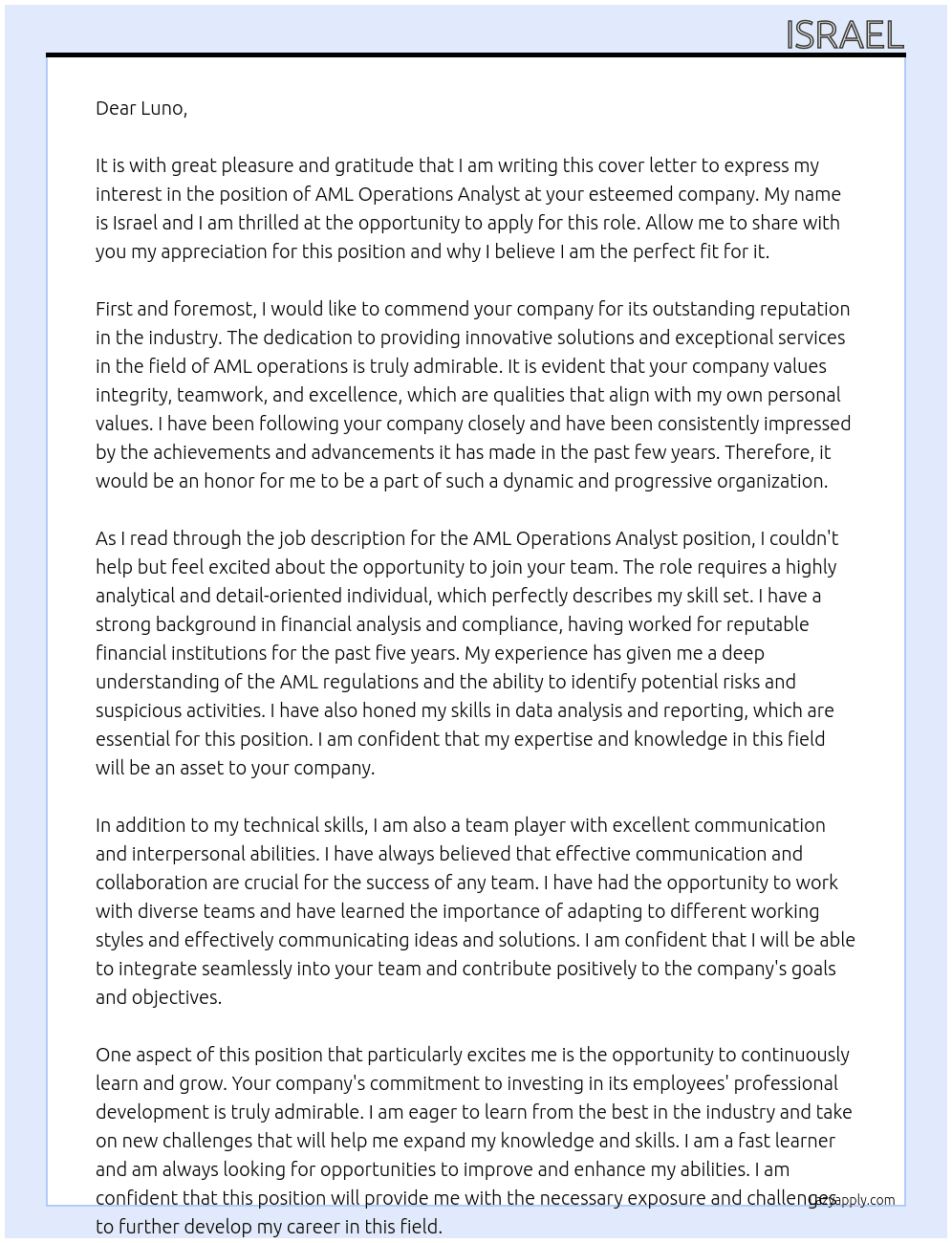 Luno At AML Operations Analyst Cover Letter
