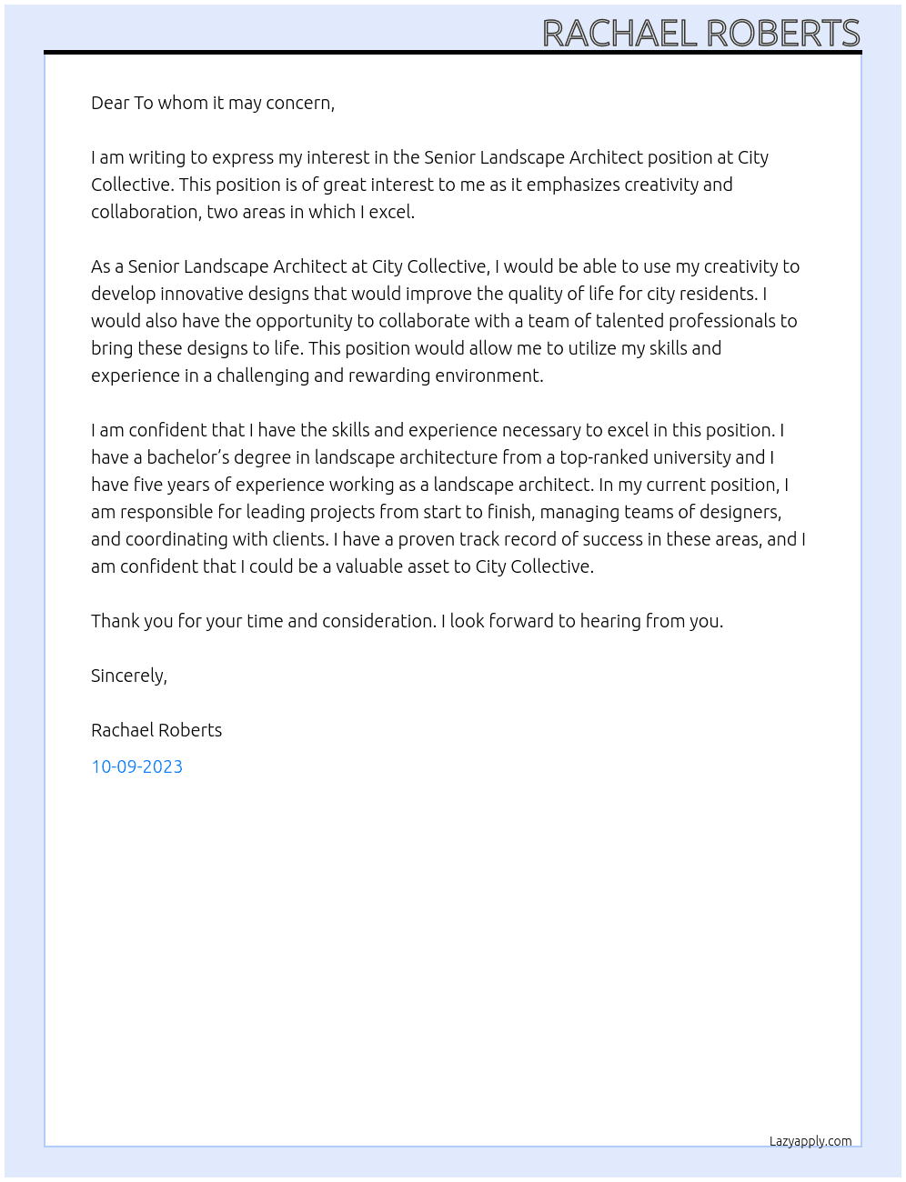 Senior Landscape Architect At City Collective Cover Letter