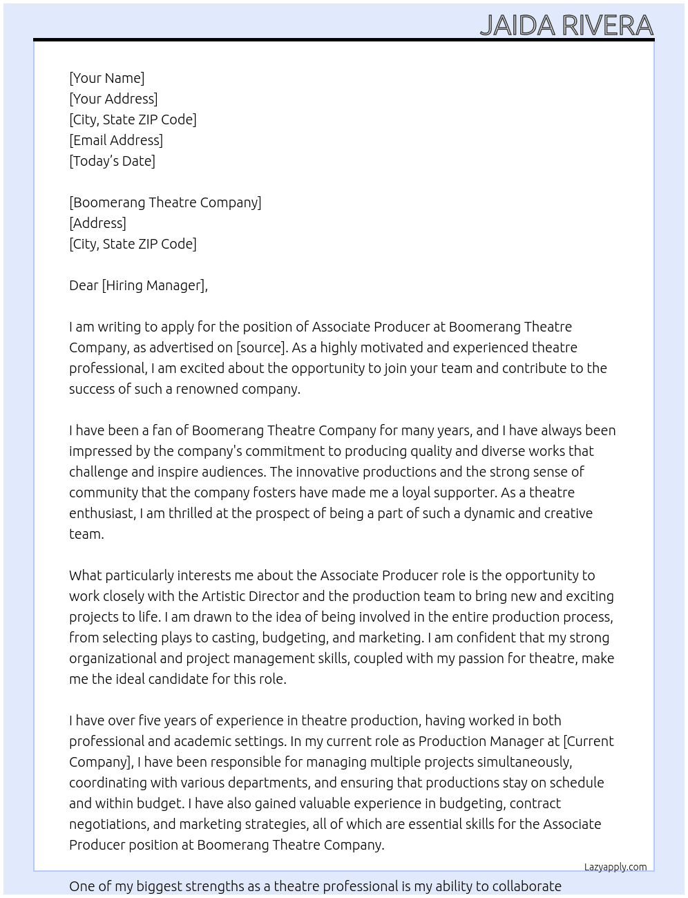 Associate Producer At Boomerang Theatre Company Cover Letter