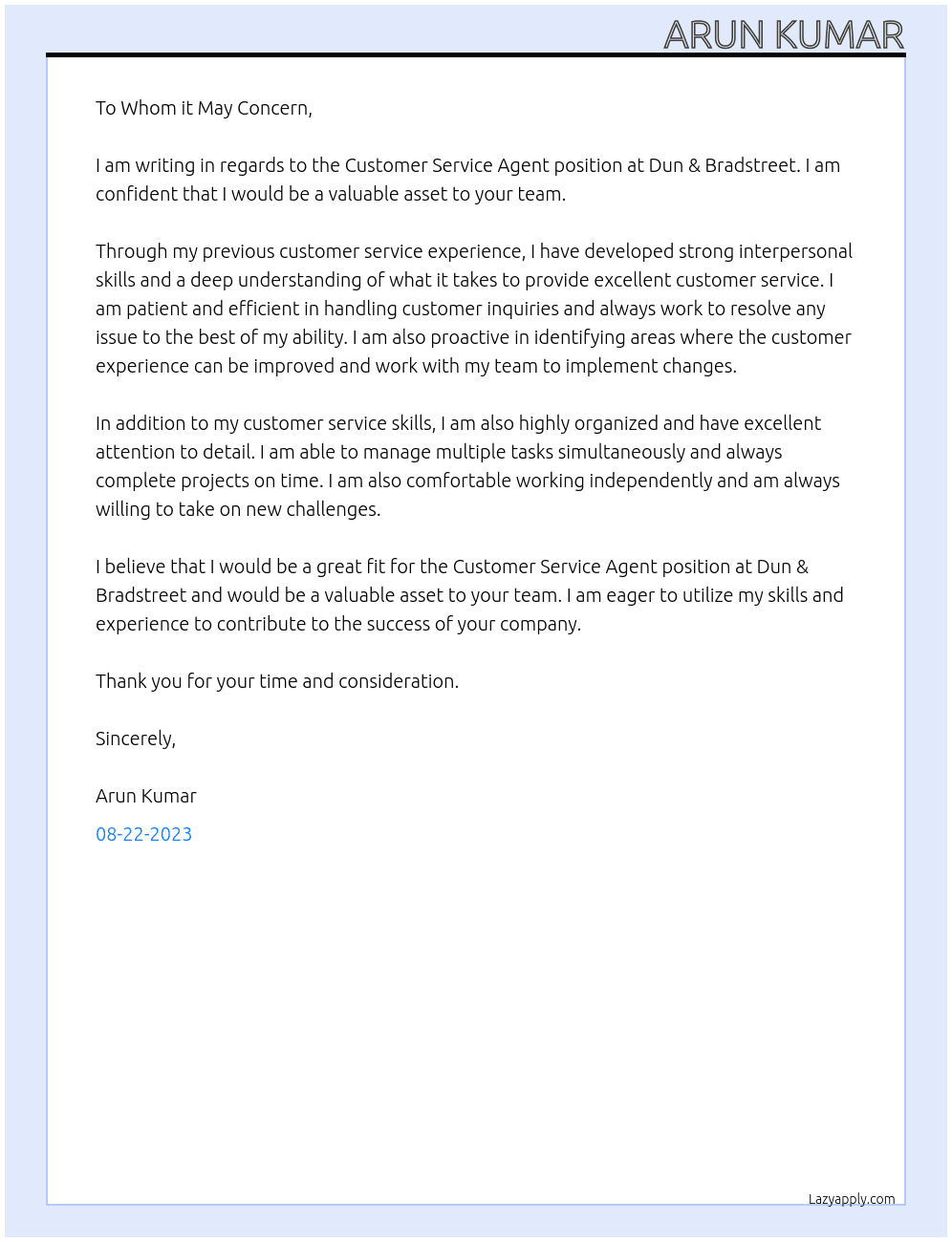  Customer Service Agent At Dun & Bradstreet Cover Letter