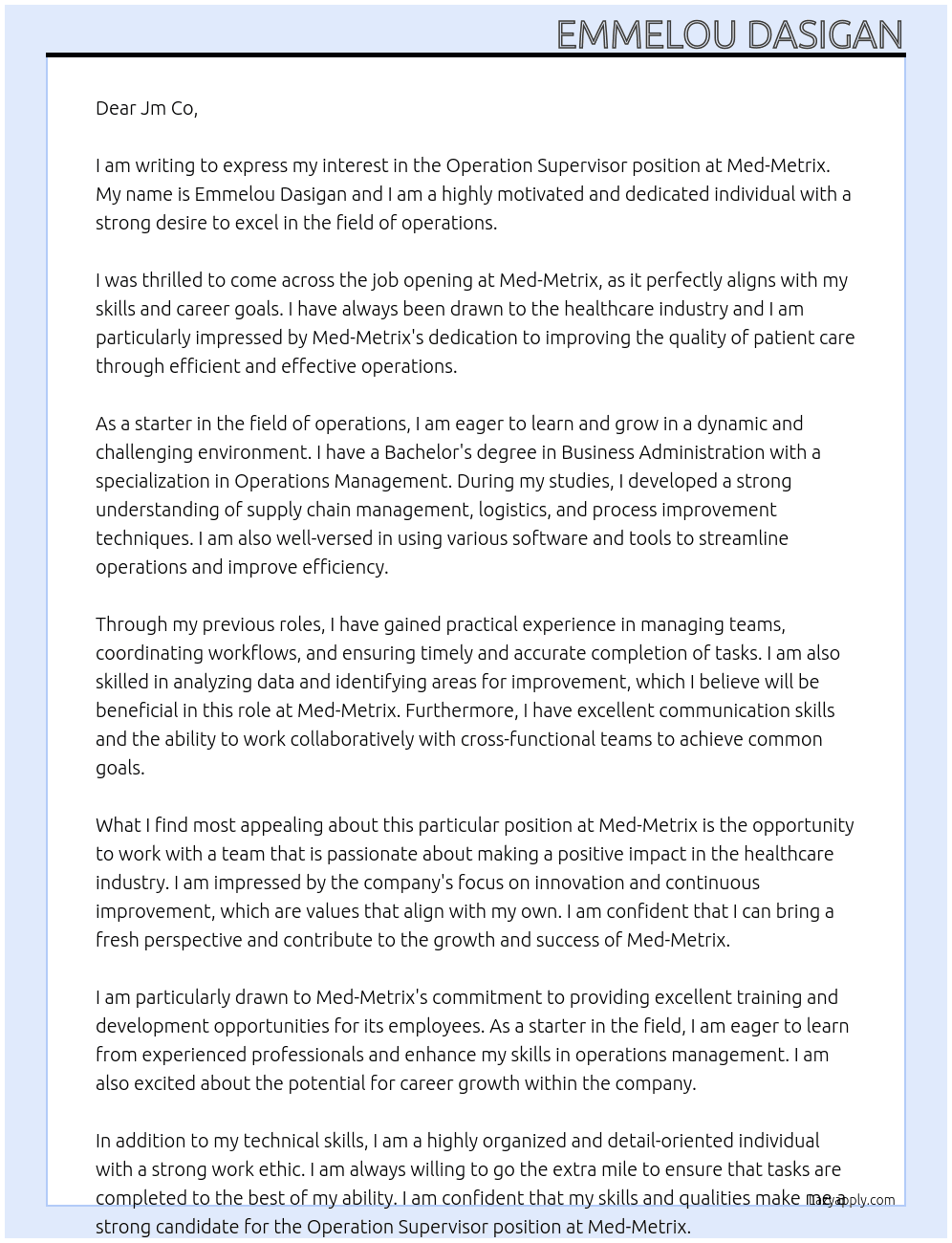 Operation Supervisor At Med-Metrix Cover Letter