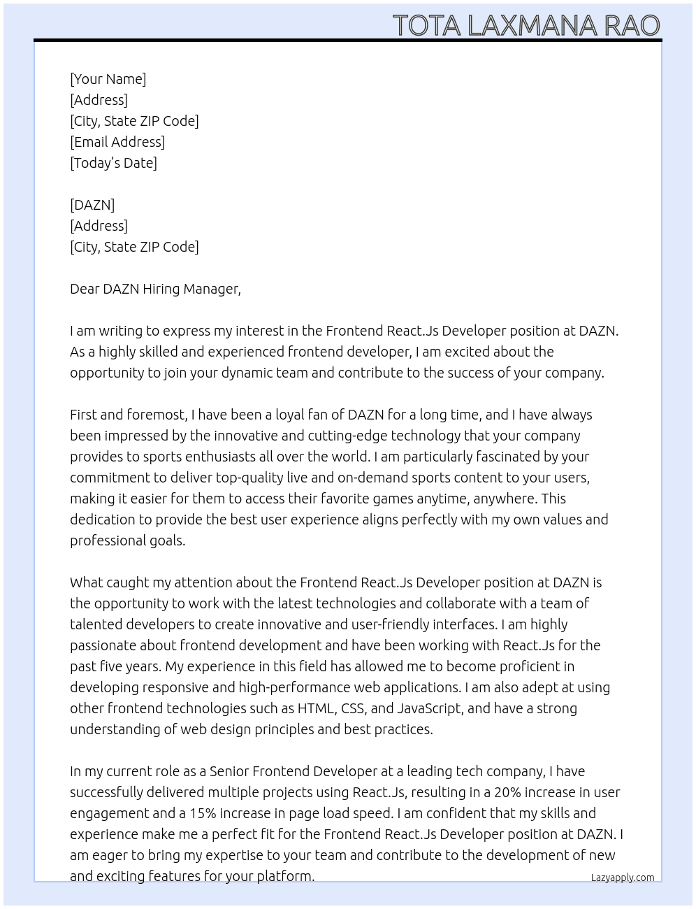 Frontend React.Js Developer At DAZN Cover Letter