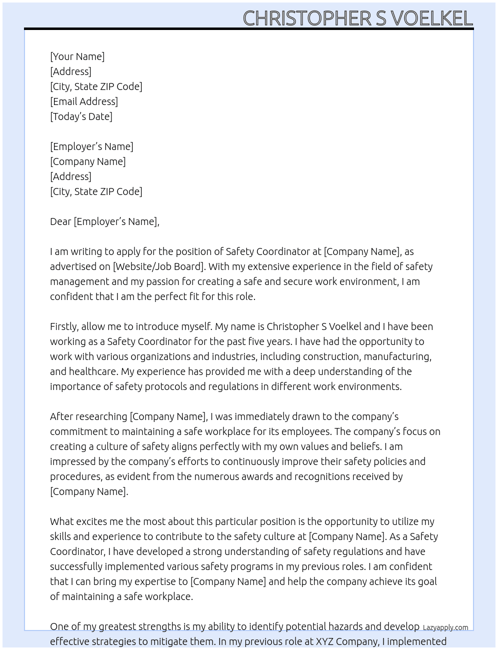safety coordinator At llll Cover Letter