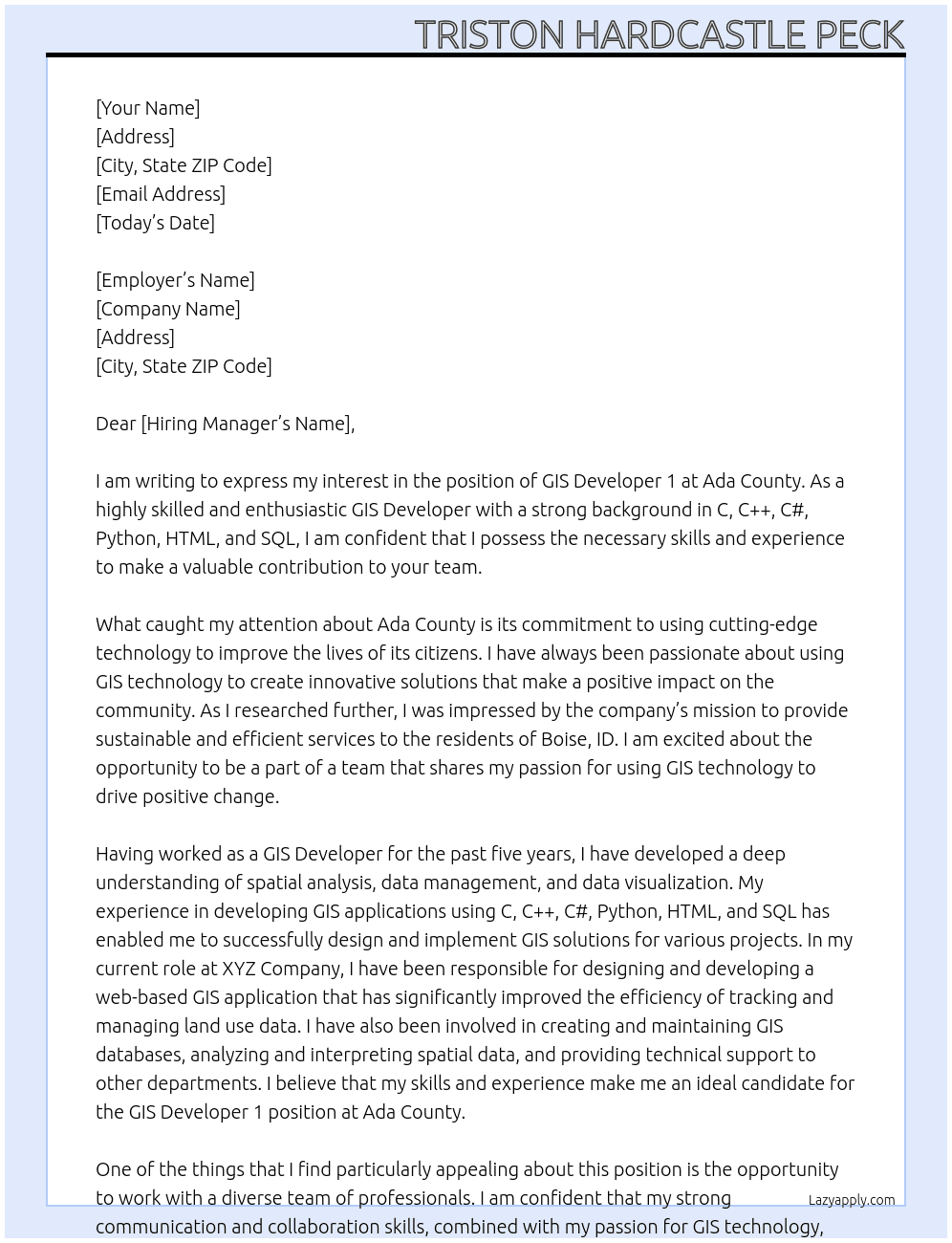 GIS Developer 1 At Ada County Cover Letter