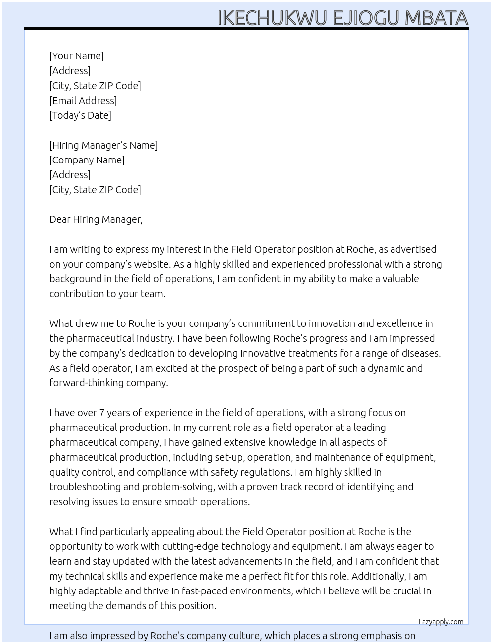 field operator At Roche Cover Letter