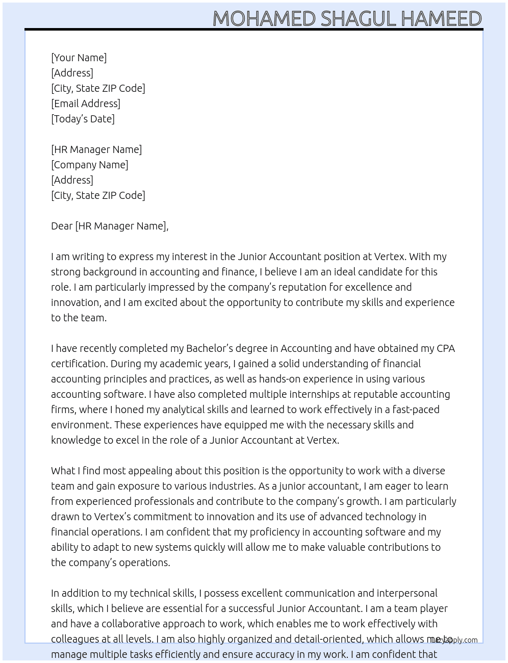 Junior accountant  At Vertex  Cover Letter