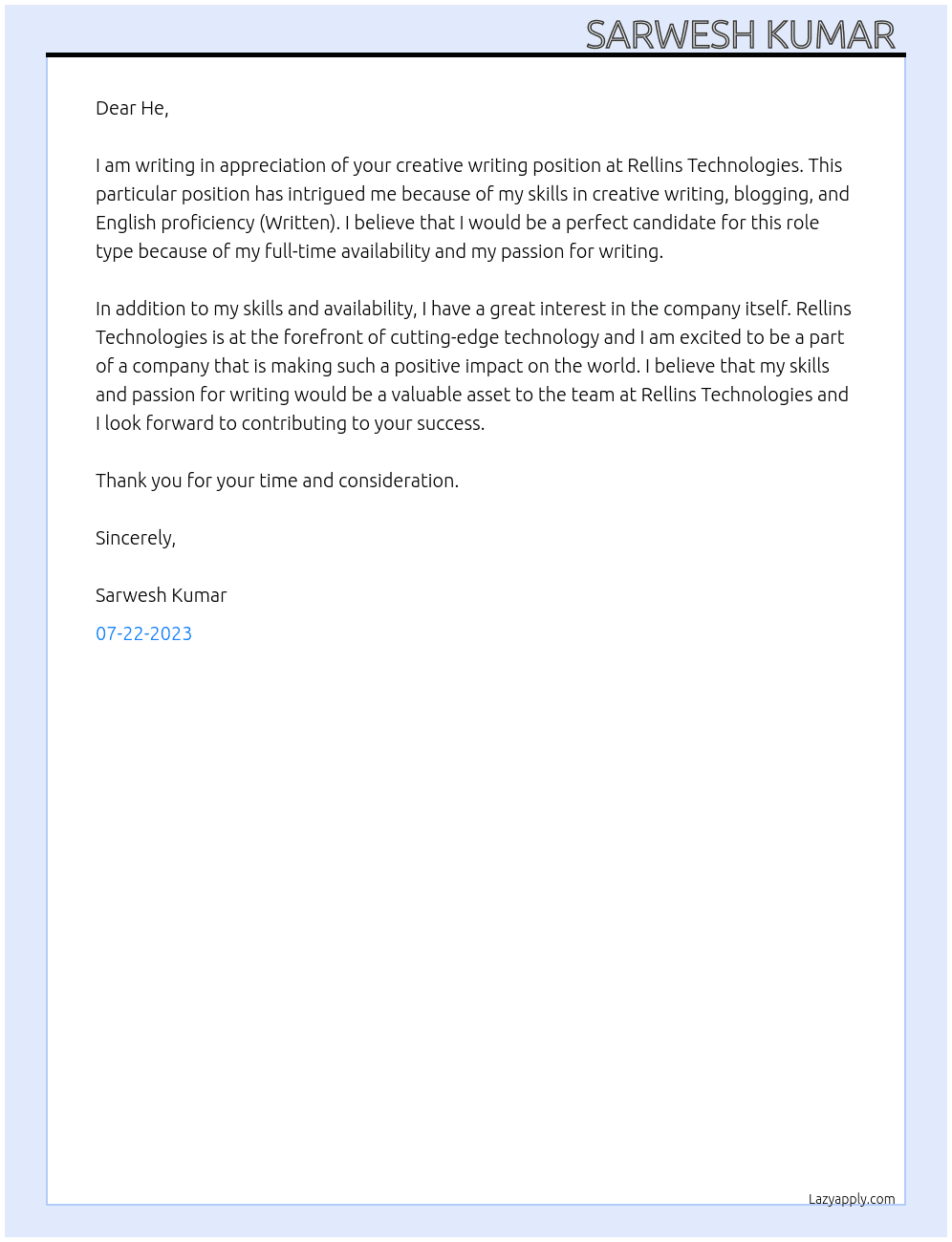 Creative writing  At Rellins technologies  Cover Letter