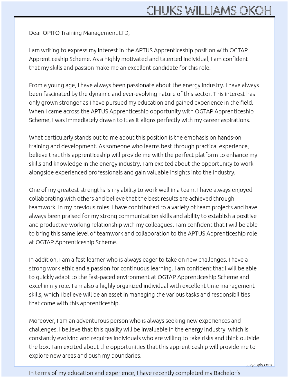 APTUS Apprenticehip At OGTAP Apprenticeship Scheme  Cover Letter