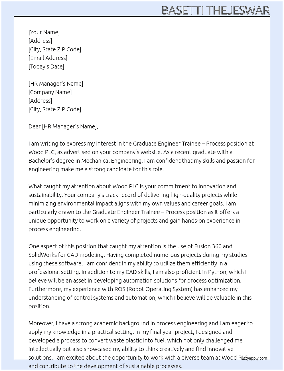 Graduate Engineer Trainee - Process At Wood PLC Cover Letter